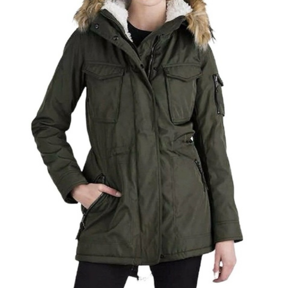 S13 New York Sherpa Lined Anorak Jacket Fur Hood in Dark Green